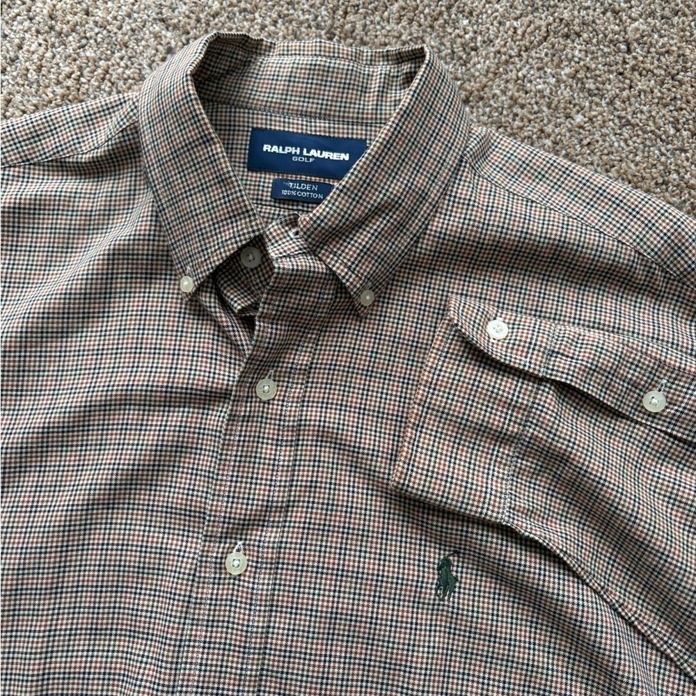 Ralph Lauren Golf Tilden Brown Button Down Plaid Houndstooth Men's Size Large